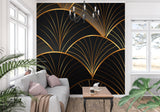 Gold geometric pattern on black backdrop in contemporary living room
