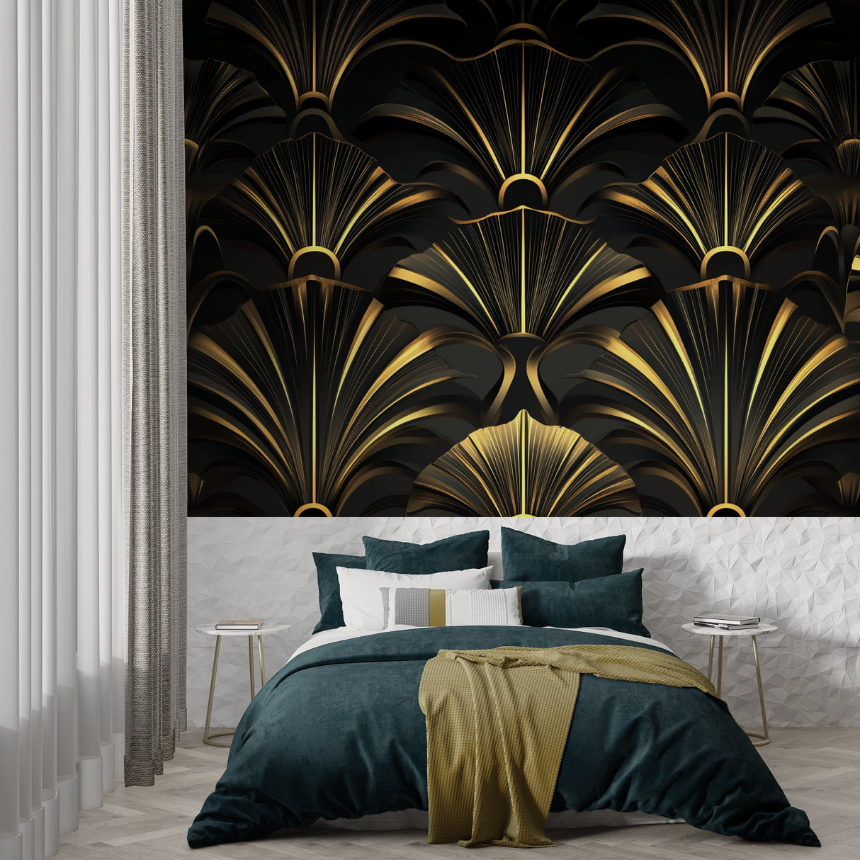 Art deco fan wallpaper creating luxury atmosphere in modern dining room with crystal chandelier