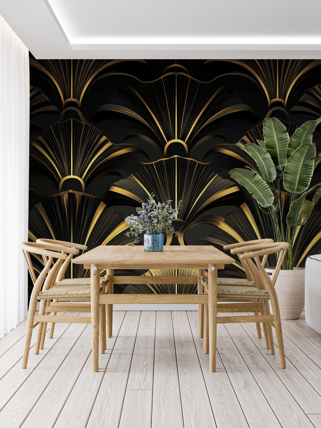 Black and gold geometric wallpaper making statement wall in master bedroom