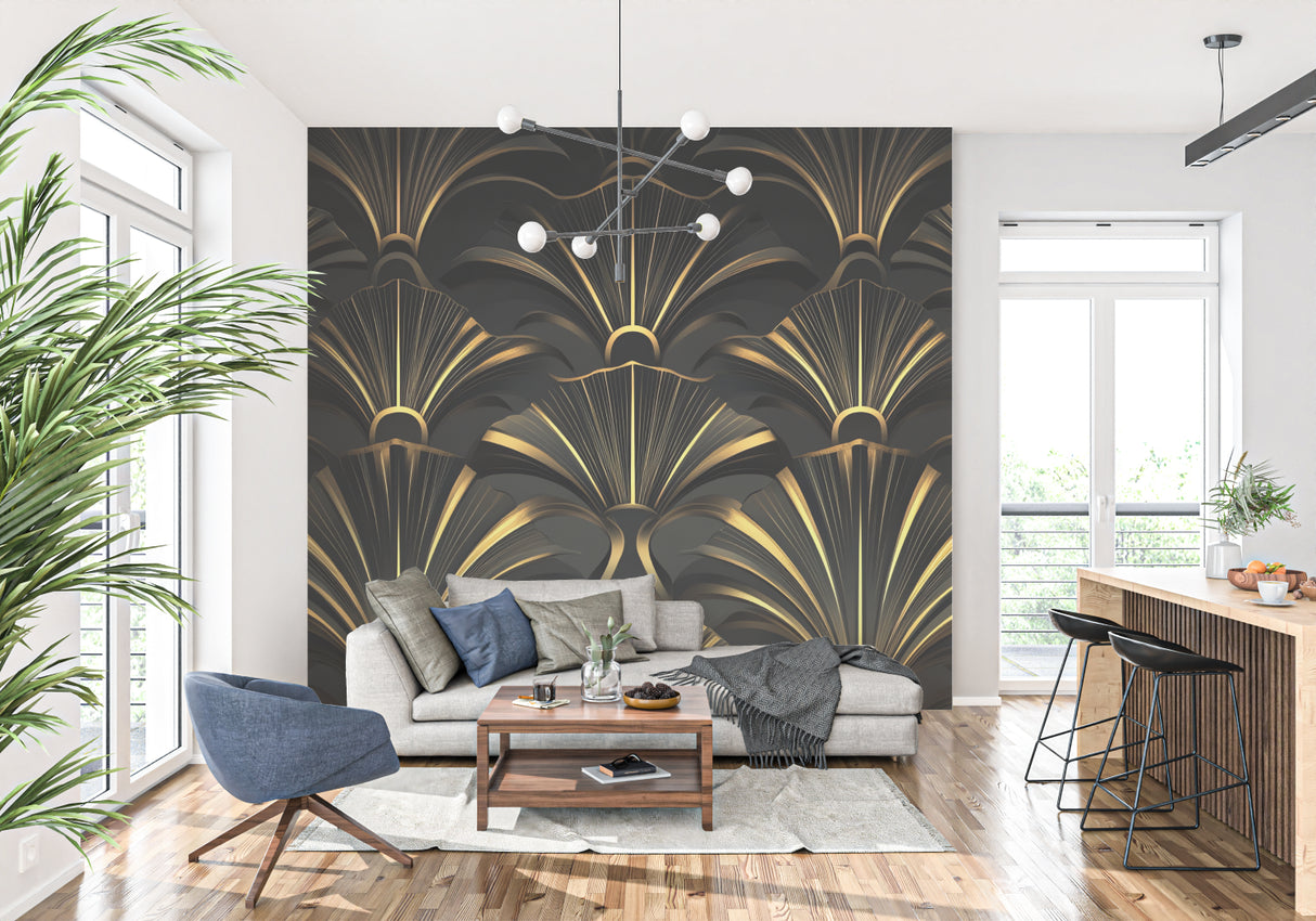 Art deco fan pattern wallpaper in home bar area with gold accents