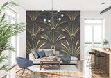 Art deco fan pattern wallpaper in home bar area with gold accents