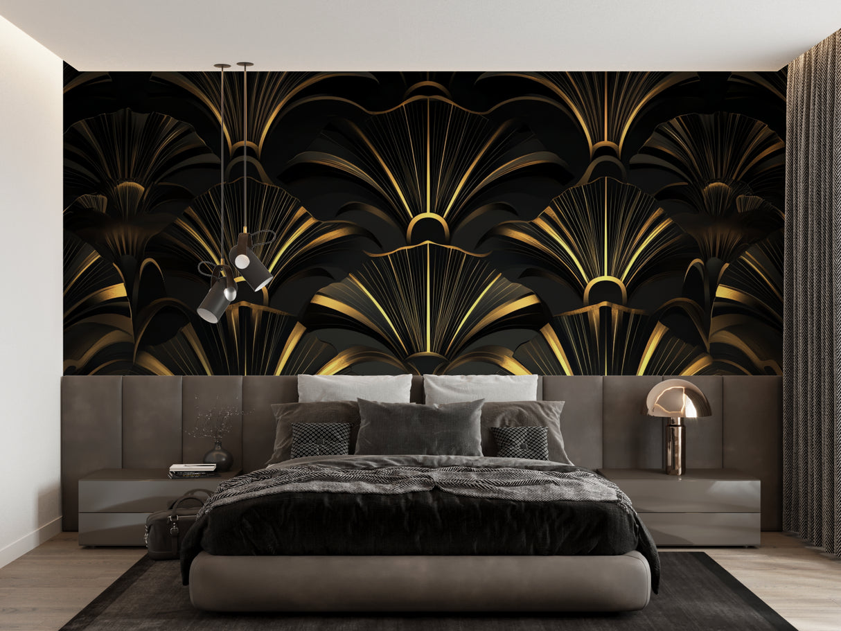 Black and gold art deco wallpaper in living room with modern furniture
