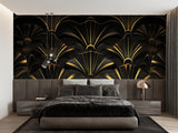 Black and gold art deco wallpaper in living room with modern furniture