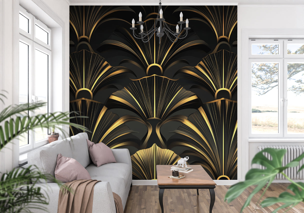 Geometric fan wallpaper creating luxury hotel lobby atmosphere