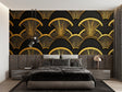 Black and gold art deco wallpaper creating luxury atmosphere in modern living room with grey sofa