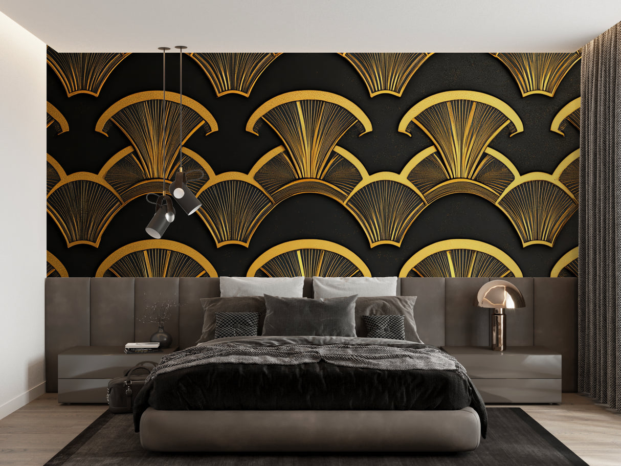 Black and gold art deco wallpaper creating luxury atmosphere in modern living room with grey sofa