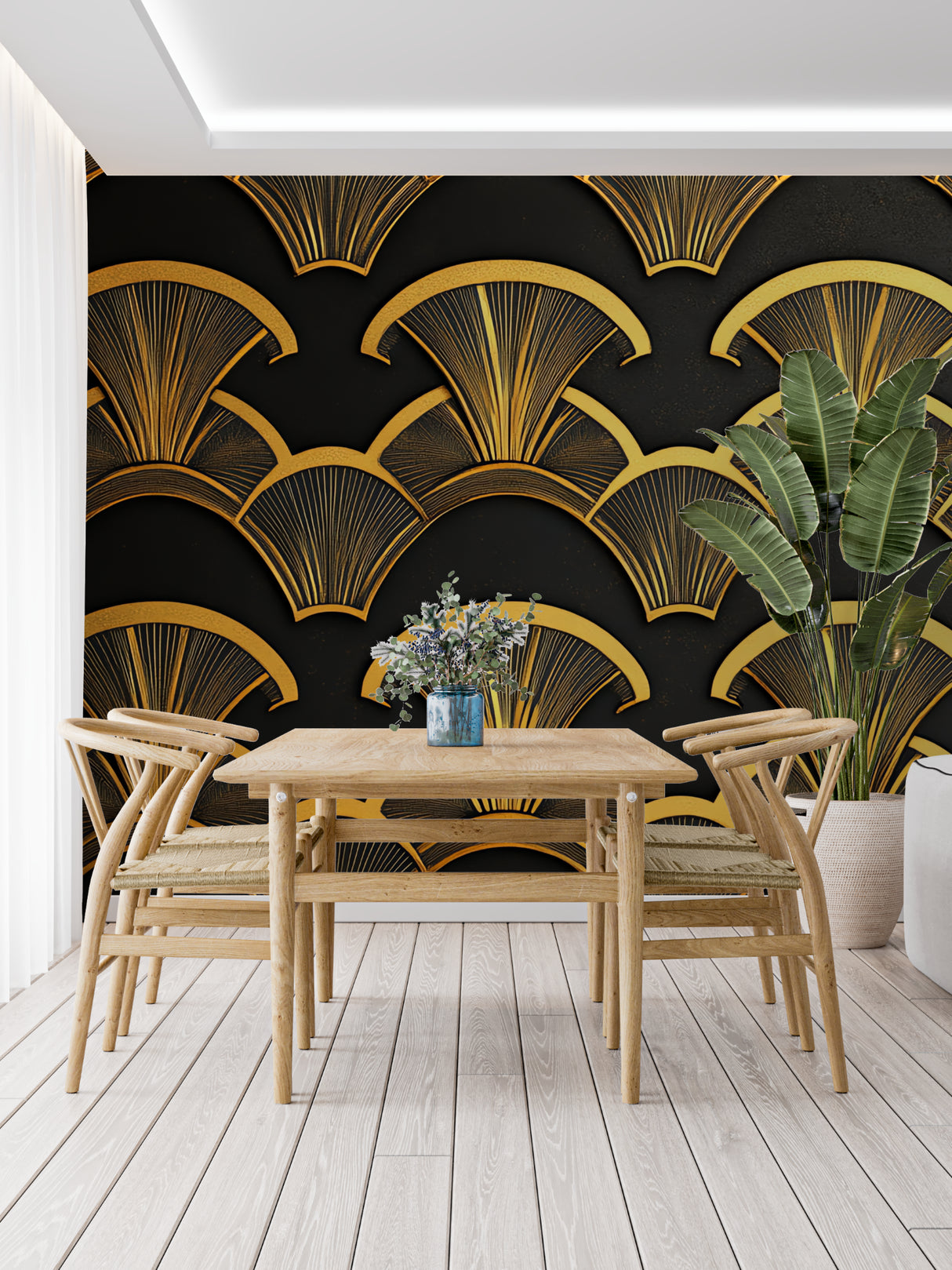 Art deco fan pattern wallpaper making statement wall in master bedroom with crystal chandelier