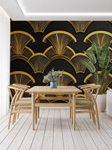 Art deco fan pattern wallpaper making statement wall in master bedroom with crystal chandelier
