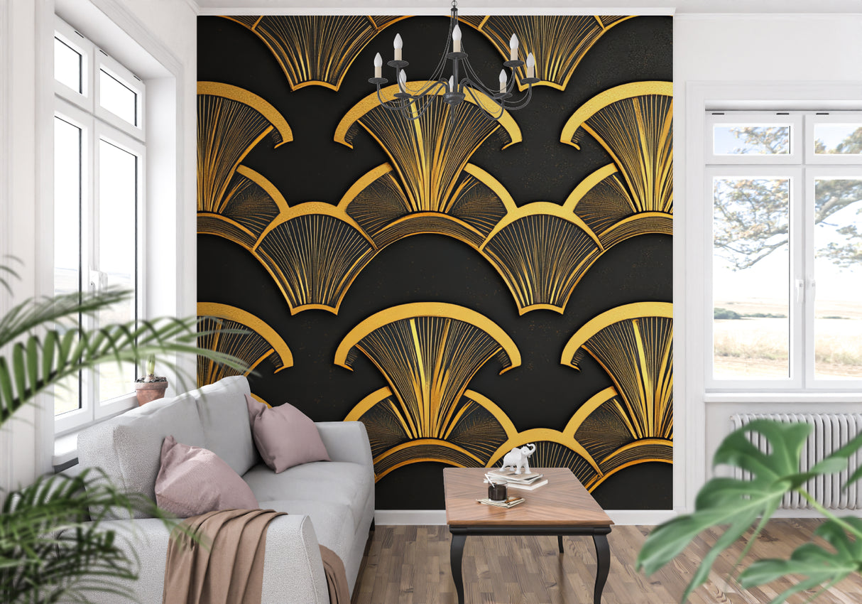 Geometric black and gold wallpaper adding glamour to dining room with modern furniture