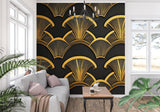Geometric black and gold wallpaper adding glamour to dining room with modern furniture