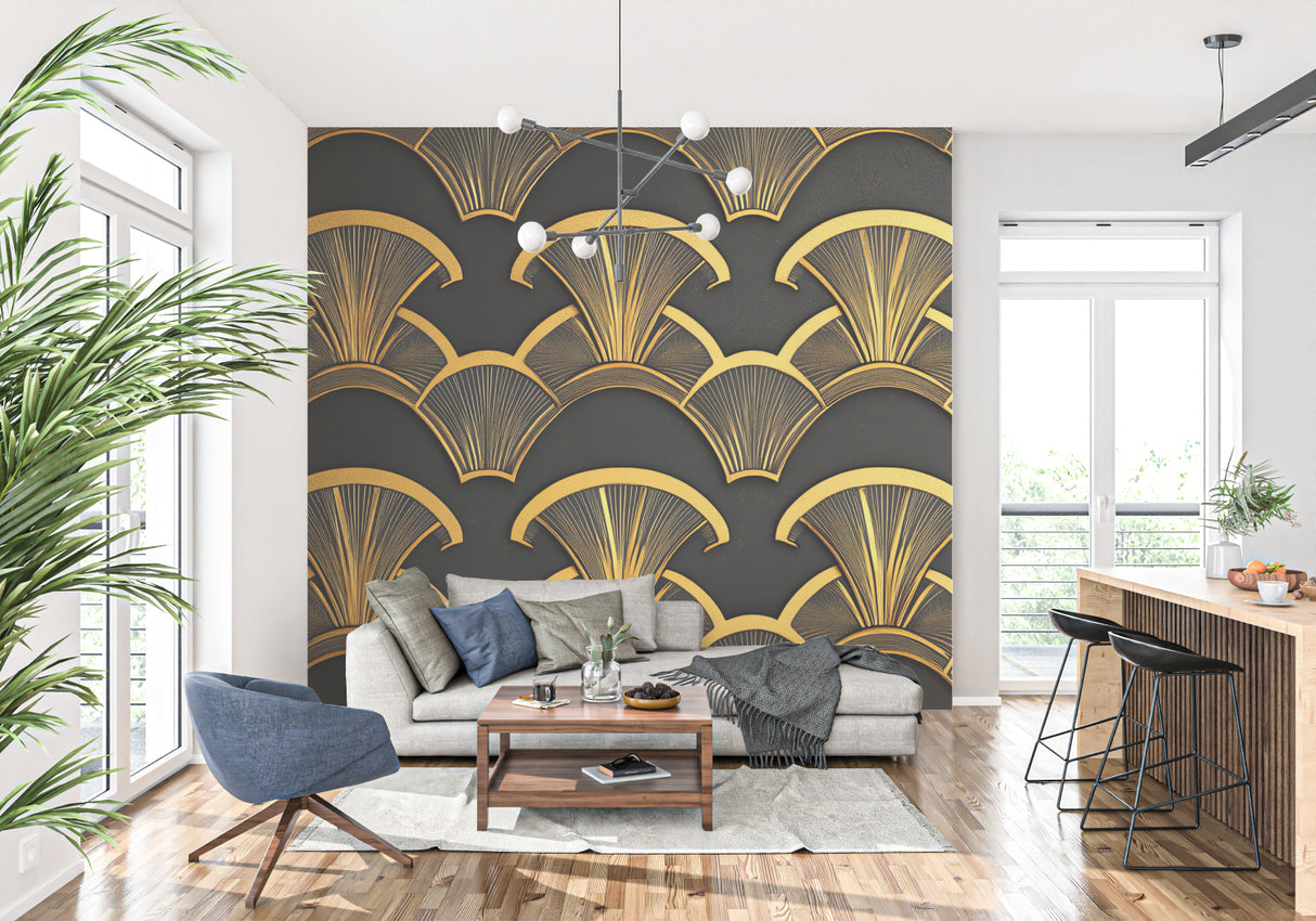 Art deco wall mural transforming hotel-style bathroom with gold fixtures