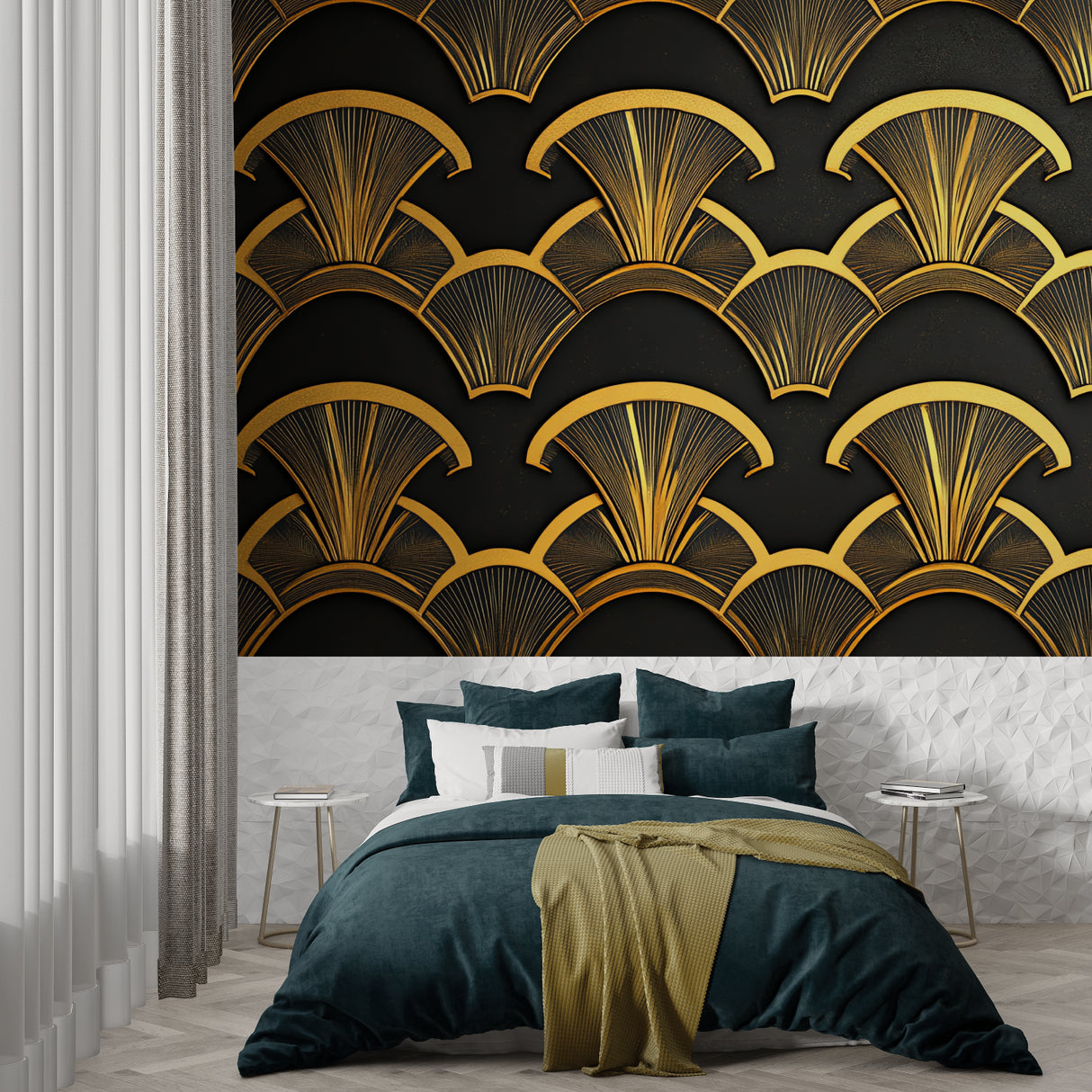 Black and gold fan pattern creating stunning entrance hallway with mirror accent