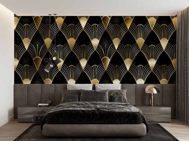 Black and gold art deco wallpaper in modern dining room with crystal chandelier
