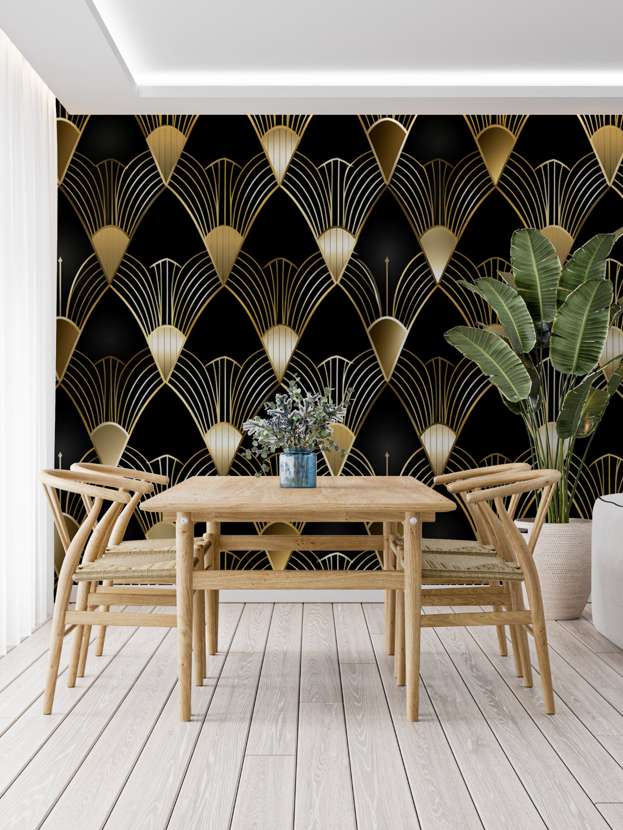 Art deco fan pattern wallpaper adding glamour to master bedroom wall