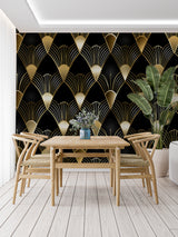 Art deco fan pattern wallpaper adding glamour to master bedroom wall