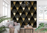 Geometric black and gold wallpaper in luxury hotel lobby setting