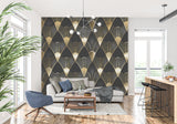 Art deco wall mural creating dramatic accent wall in living room