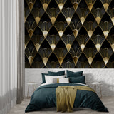 Black and gold fan pattern adding elegance to home office space