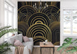 Art deco black and gold wallpaper in modern dining room with crystal chandelier