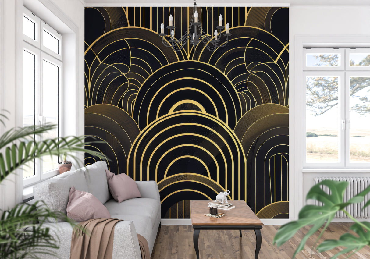 Art deco black and gold wallpaper in modern dining room with crystal chandelier