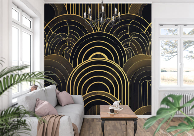 Art deco black and gold wallpaper in modern dining room with crystal chandelier