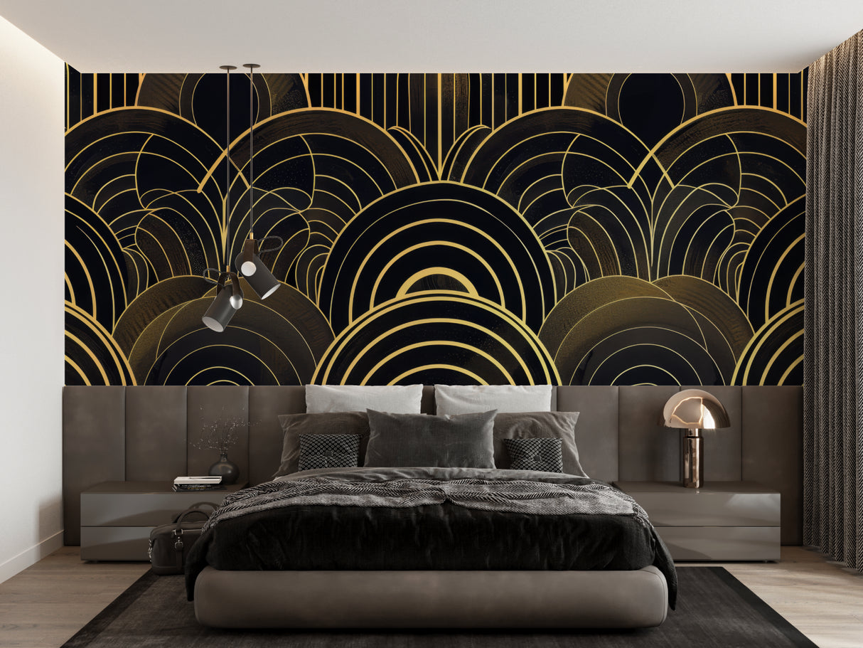 Geometric art deco wallpaper creating drama in luxury master bedroom