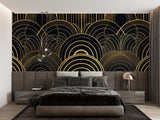 Geometric art deco wallpaper creating drama in luxury master bedroom