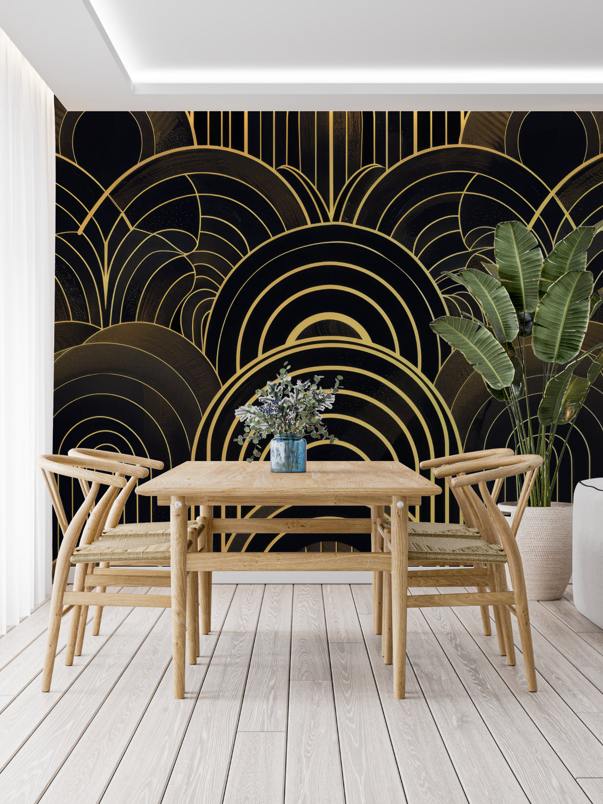 Art deco wall mural showcased in upscale hotel lobby with modern furniture