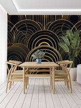 Art deco wall mural showcased in upscale hotel lobby with modern furniture