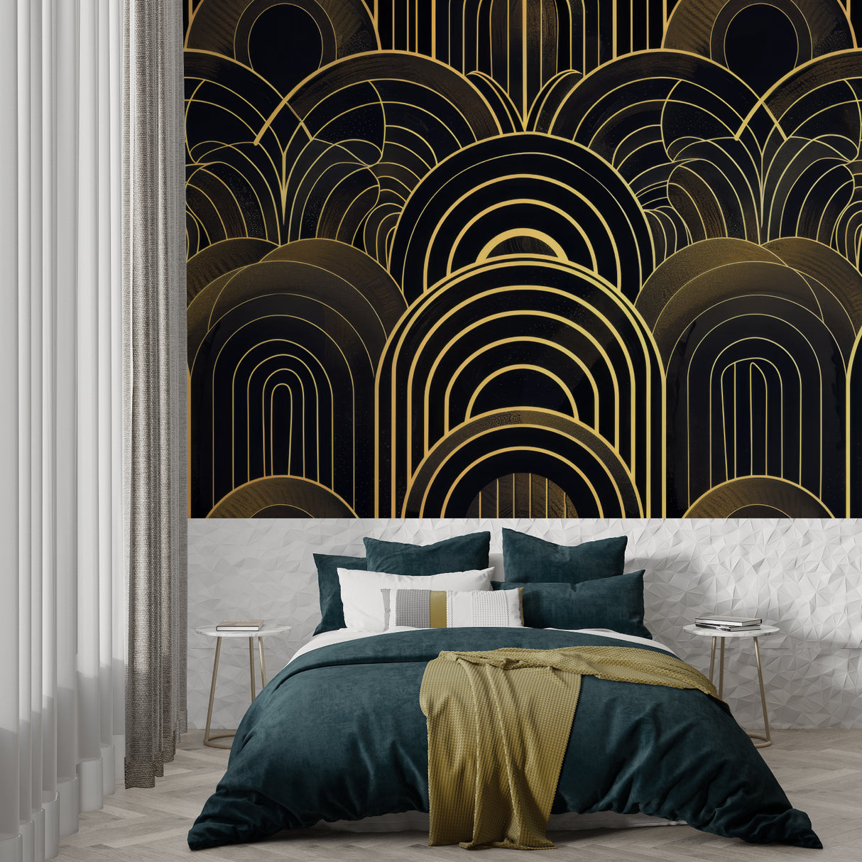 Geometric arches wallpaper featured in minimalist home office space