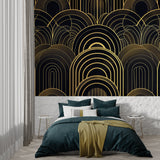 Geometric arches wallpaper featured in minimalist home office space
