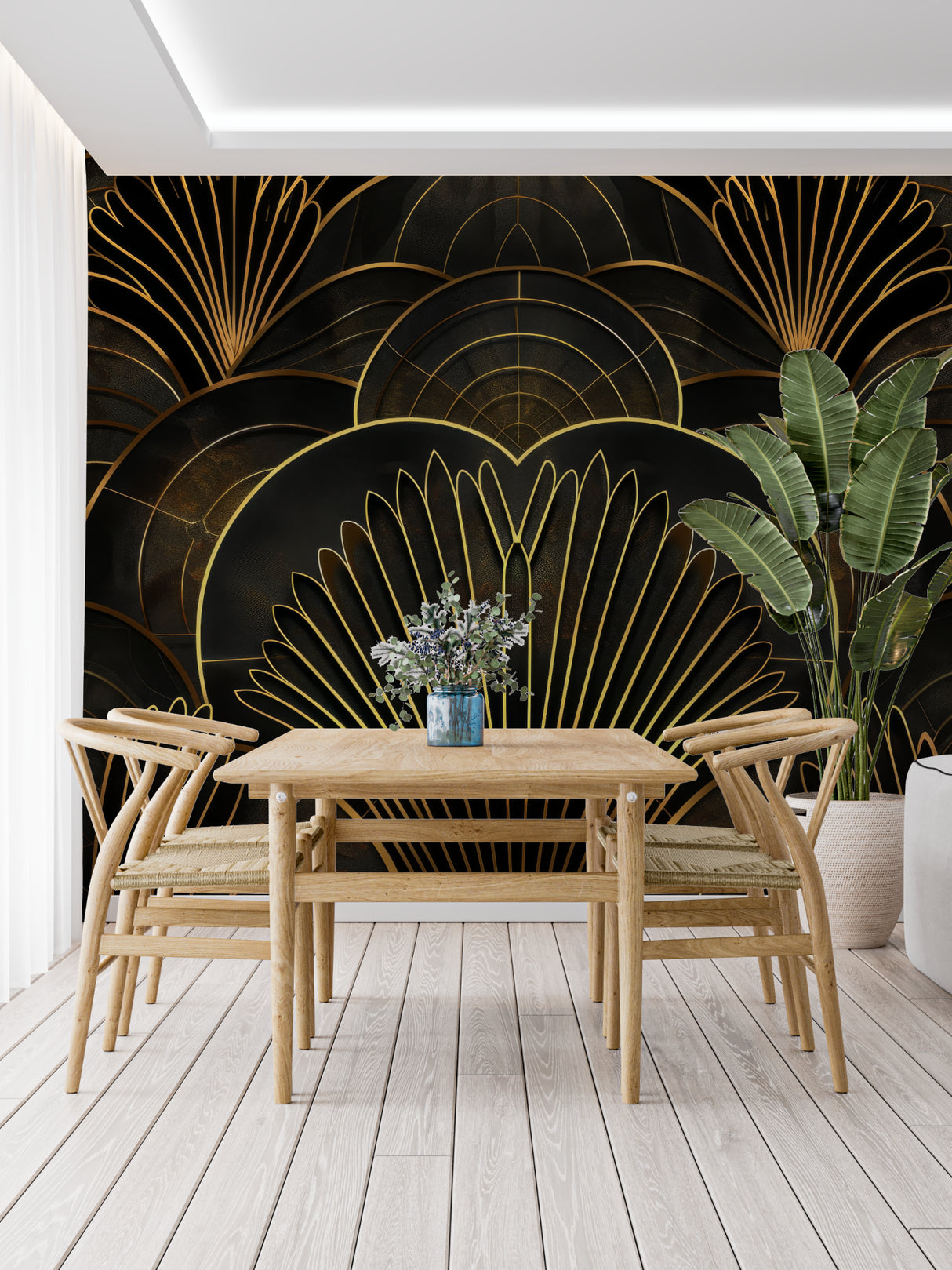 Art deco black and gold fan pattern wallpaper in modern living room with velvet sofa