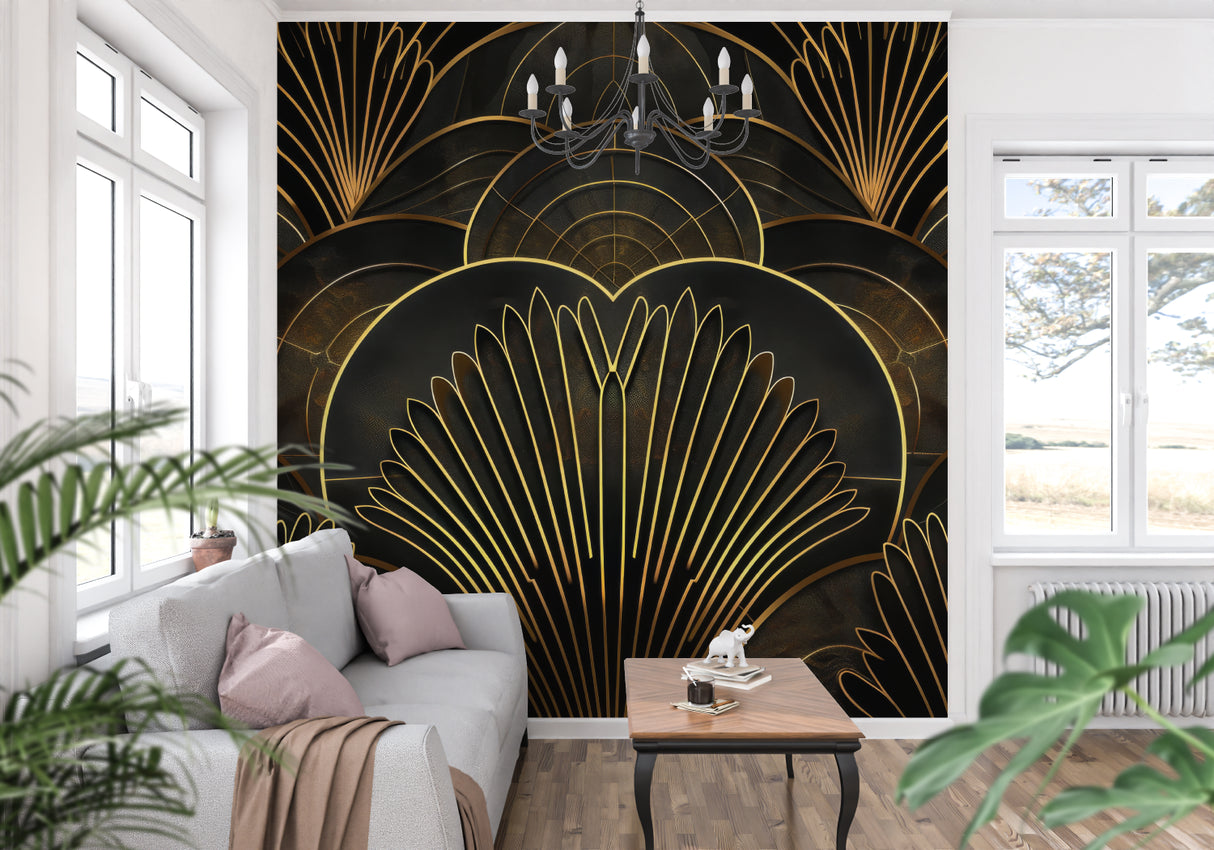 Geometric art deco wallpaper adding drama to dining room with crystal chandelier