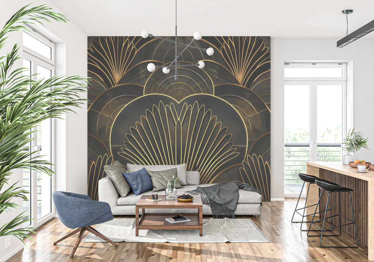 Black and gold art deco wallpaper in luxury hotel lobby setting
