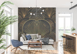 Black and gold art deco wallpaper in luxury hotel lobby setting