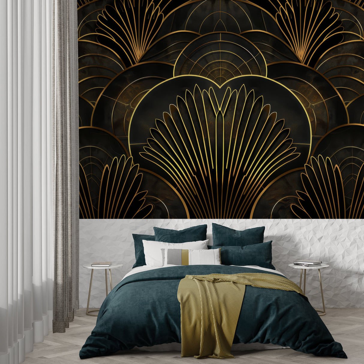 Art deco fan pattern wallpaper in master bedroom with gold accents