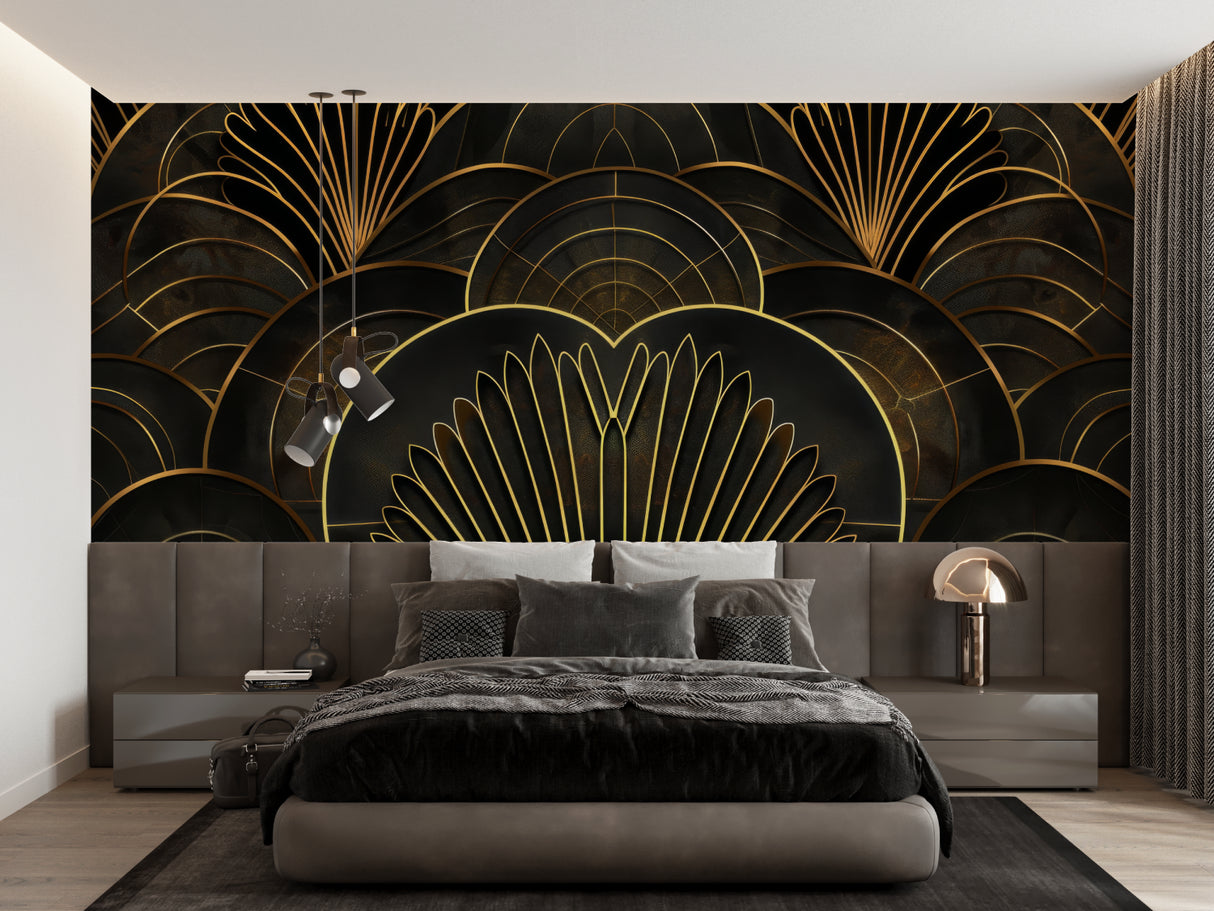 Geometric wallpaper creating statement wall in home office space