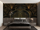 Geometric wallpaper creating statement wall in home office space