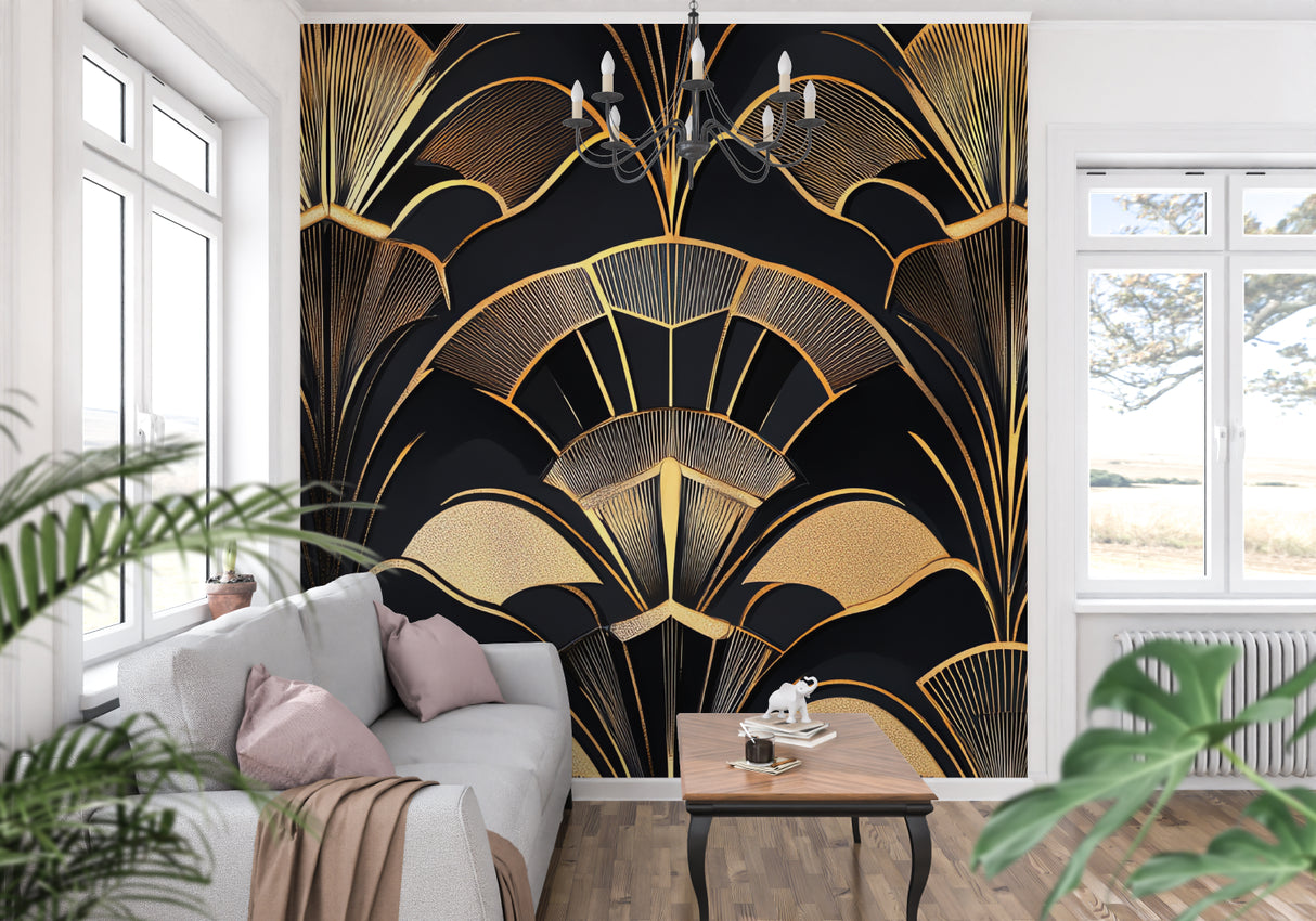 Art deco black and gold fan pattern wallpaper in modern dining room with crystal chandelier