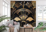 Art deco black and gold fan pattern wallpaper in modern dining room with crystal chandelier