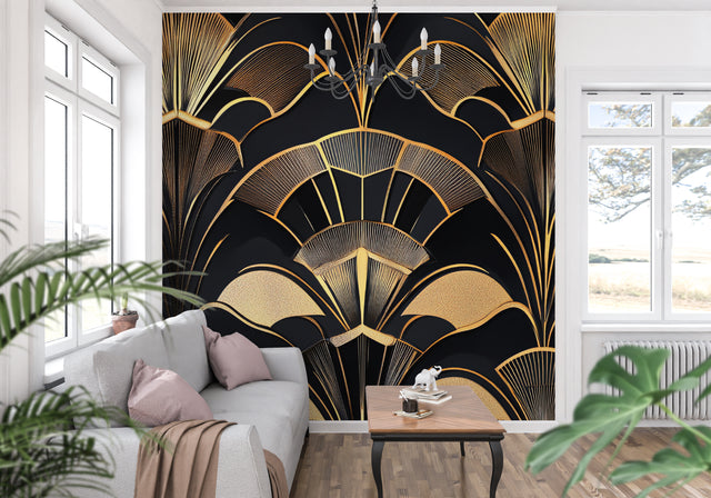 Art deco black and gold fan pattern wallpaper in modern dining room with crystal chandelier