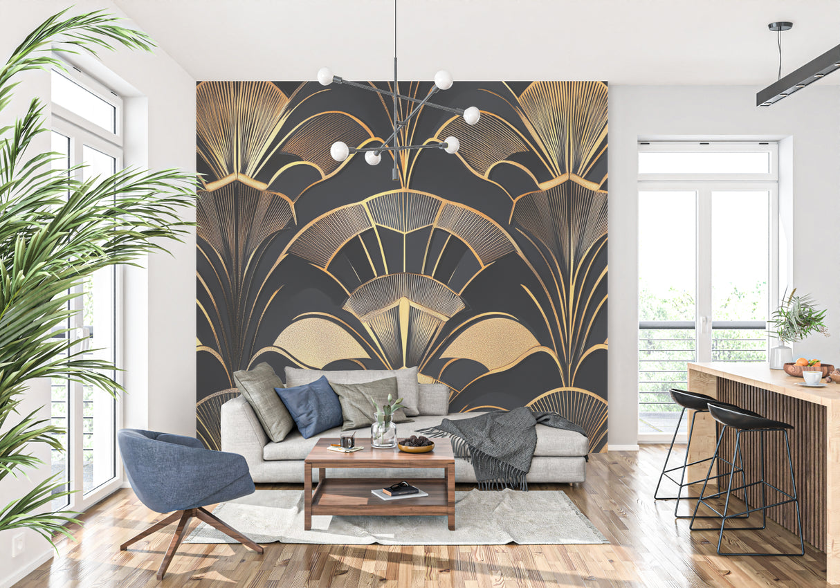 Geometric art deco wallpaper creating luxury hotel lobby atmosphere