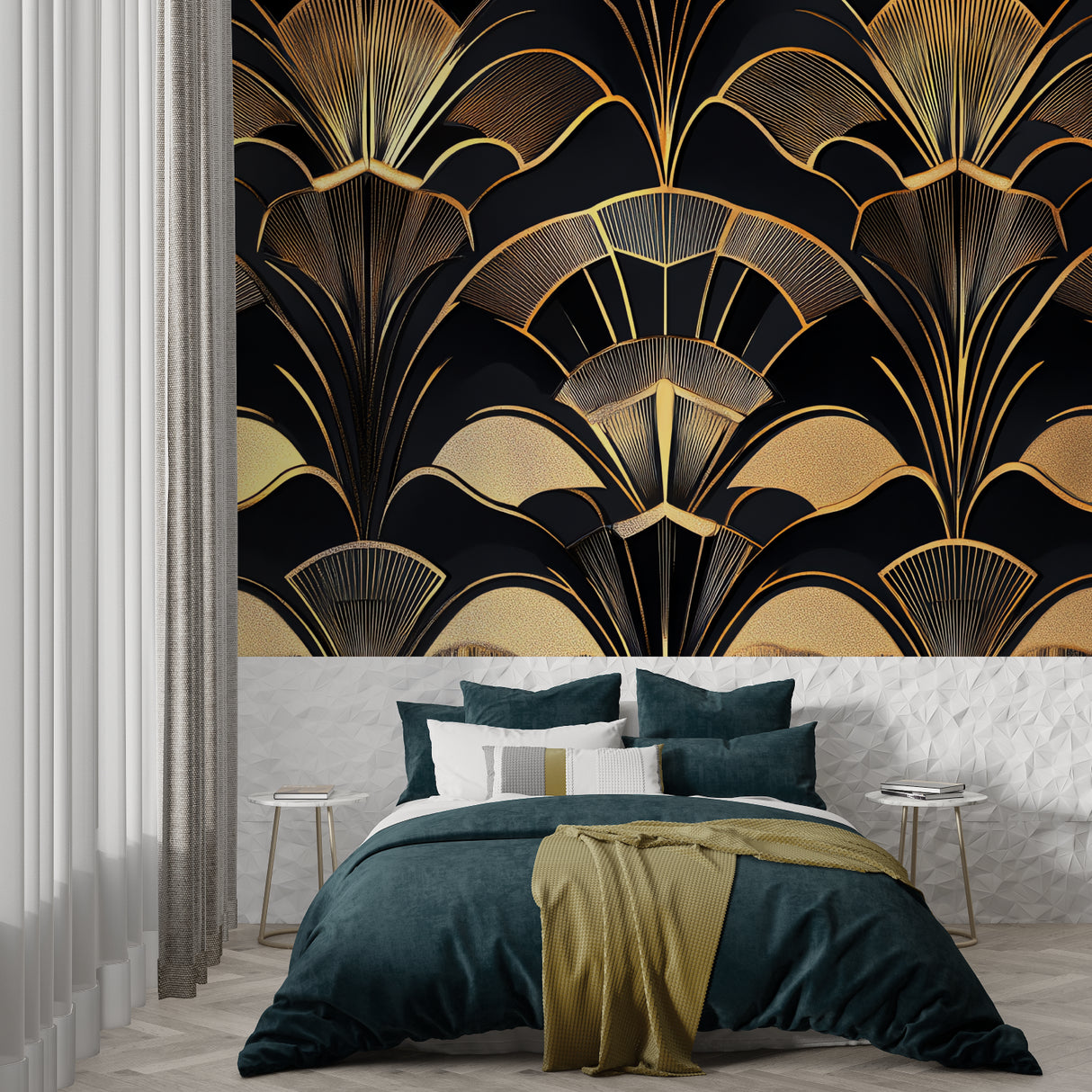 Black and gold geometric wallpaper in master bedroom with mood lighting
