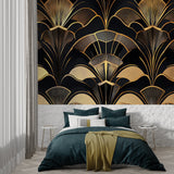Black and gold geometric wallpaper in master bedroom with mood lighting