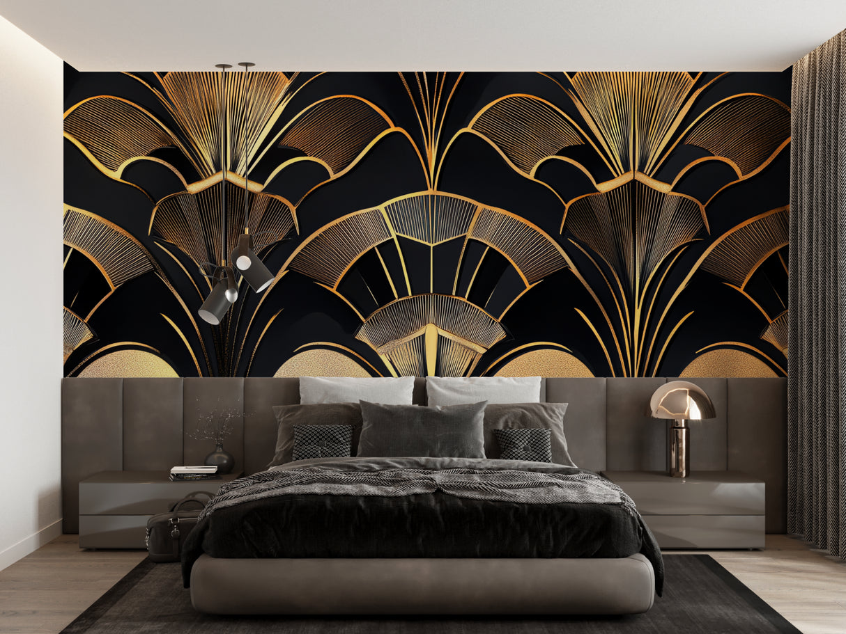 Art deco fan pattern mural in stylish home bar setting