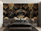 Art deco fan pattern mural in stylish home bar setting