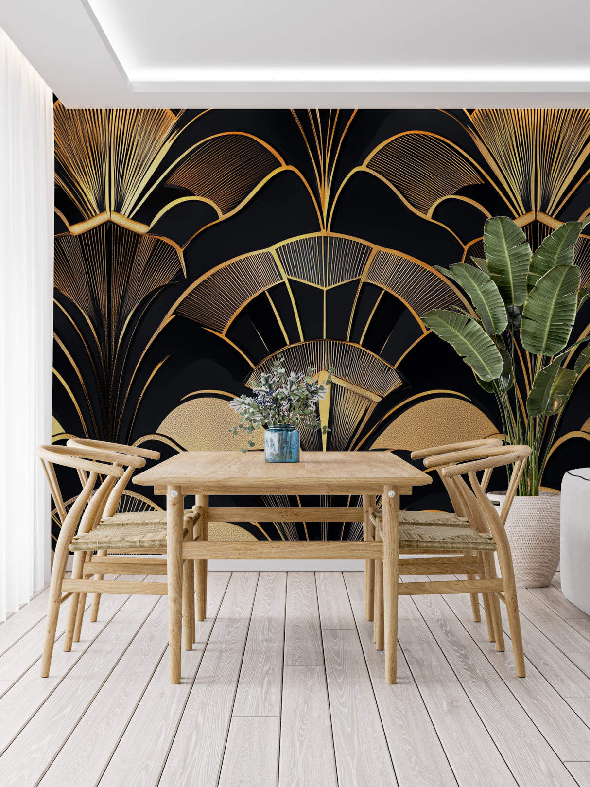Geometric gold wallpaper accent wall in contemporary living room