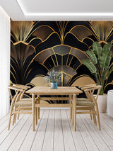 Geometric gold wallpaper accent wall in contemporary living room
