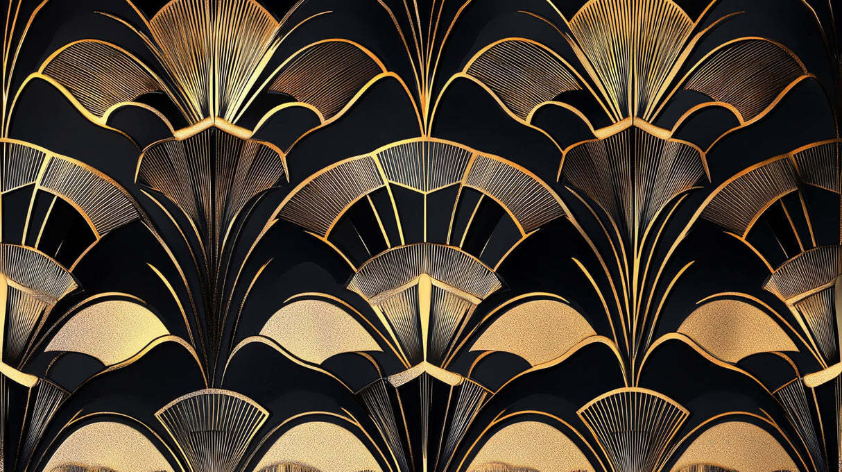 Black and gold art deco fan pattern design file showing intricate geometric details