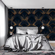 Art deco fan pattern wallpaper in elegant dining room with crystal chandelier and gold accents